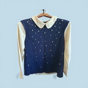 Navy Pearl-Embellished Blouse with White Collar Preppy Business Casual Shirt